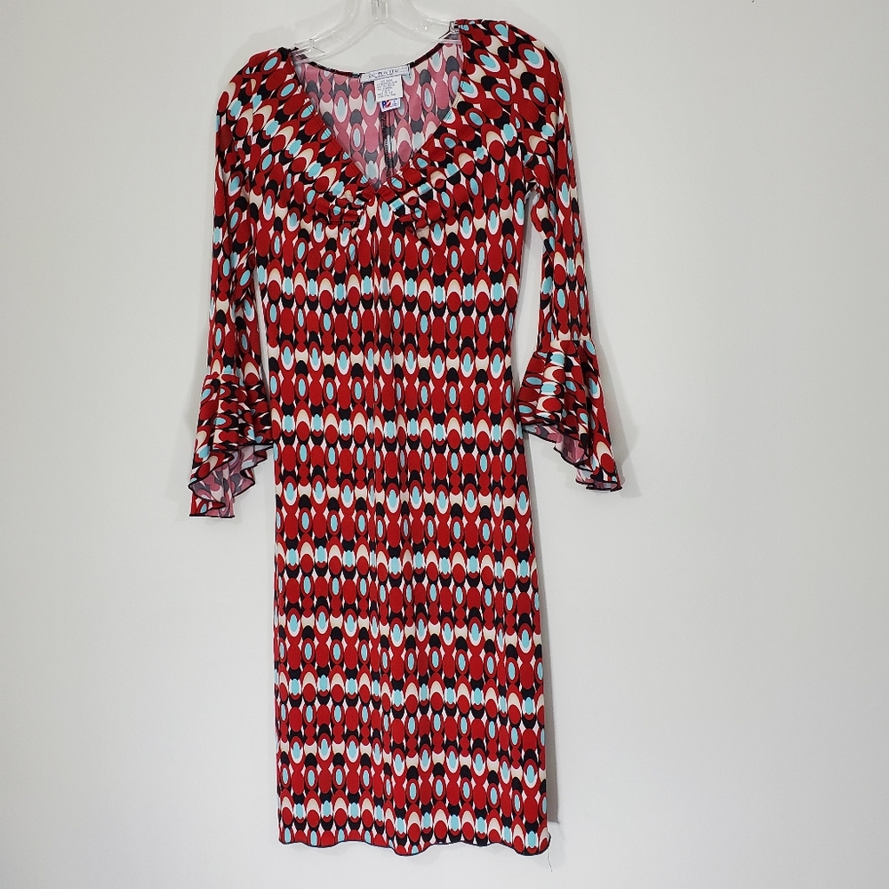 La Belle Red V Neck Long Sleeve Dress, Size Medium